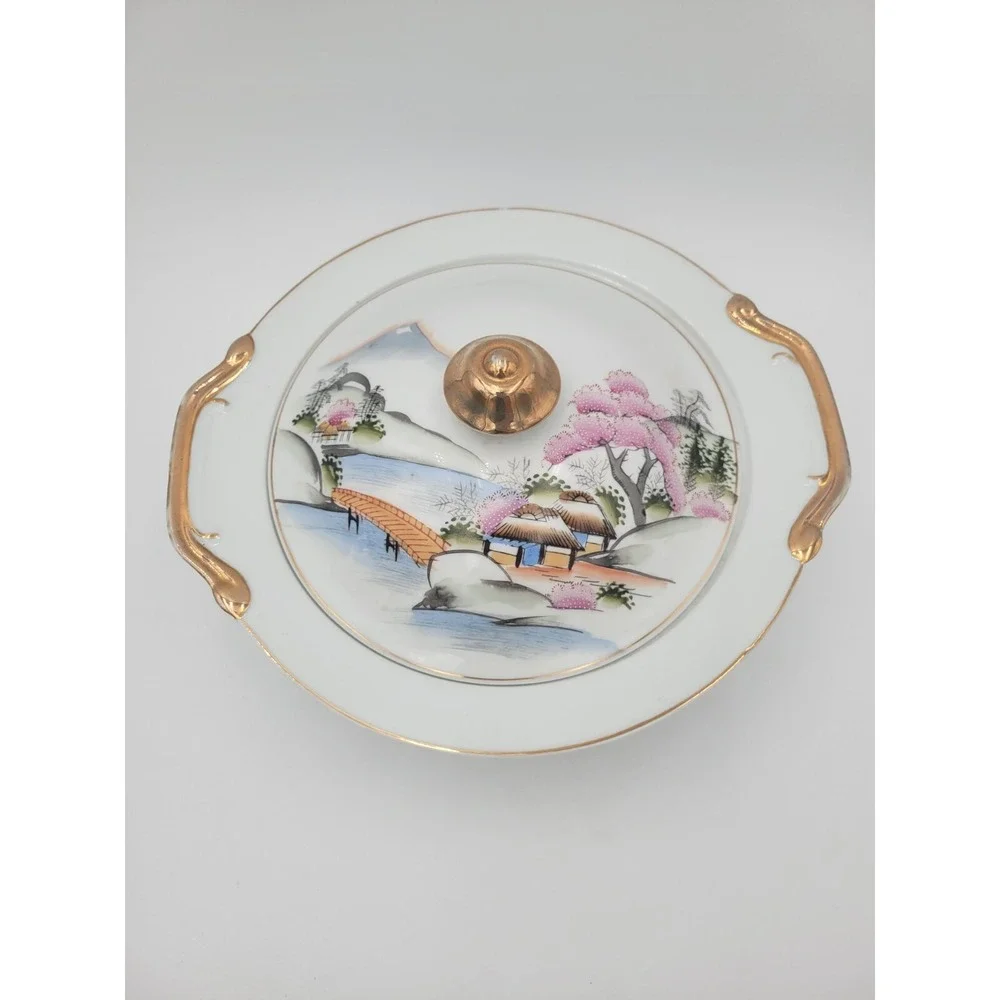 Kutani China Tureen Japan Bridge Textured pink trees KUT21‎ bowl lid AS-IS